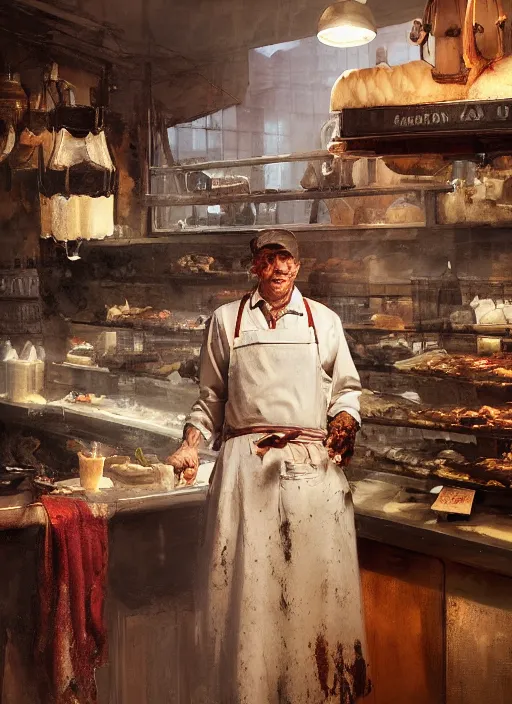 Prompt: portrait of a old butcher, bloodstained apron, at a butcher shop, dramatic lighting, dimly lit, medium view, asymmetrical, intricate, rustic, matte painting, by greg rutkowski and greg tocchini and james gilleard and sargent and leyendecker and greg manchess