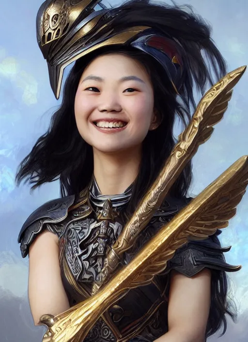 Image similar to Close-up portrait of smiling young asian woman wearing a winged helmet and black armor with skulls, holding a magic staff, portrait, highly detailed, digital painting, artstation, concept art, sharp focus, illustration, art by artgerm and greg rutkowski and alphonse mucha