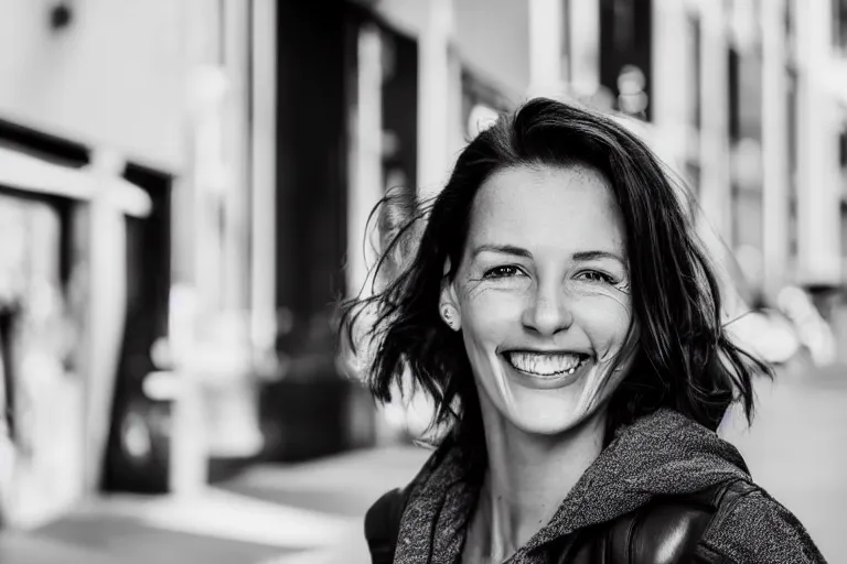 Image similar to still photo of a australian woman smiling at the camera on the street, black and white color aesthetic, highly detailed, photorealistic portrait, bright studio setting, studio lighting, crisp quality and light reflections, unreal engine 5 quality render