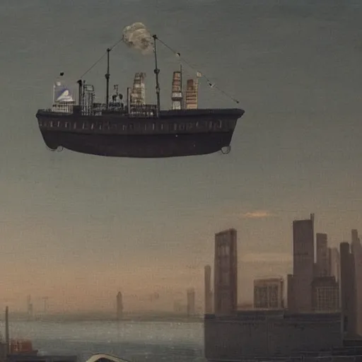 Image similar to a steamship suspended above a city skyline