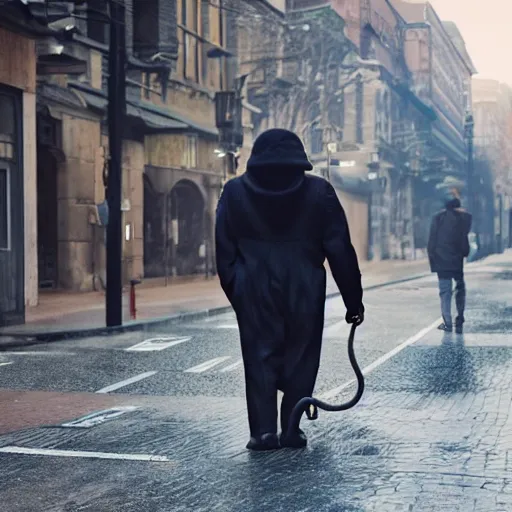 Image similar to photo of a man walk a cthulhu on the street, 8 k