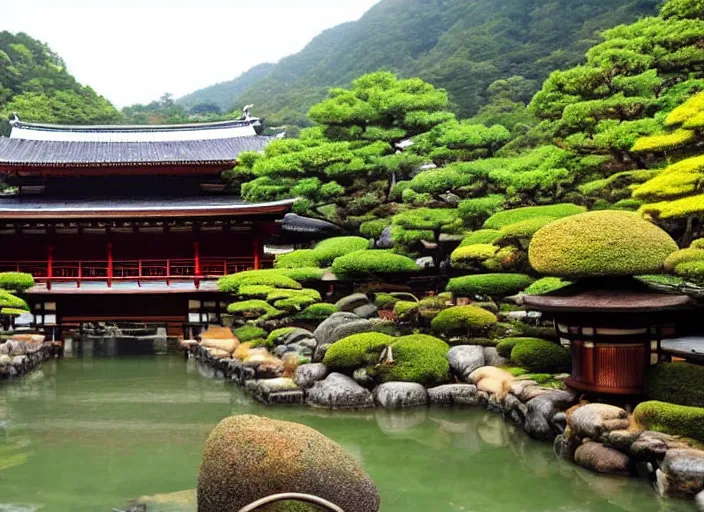 Image similar to dreamlike onsen with beautiful scenery in Japan, flowy lush garden, intricate complexity