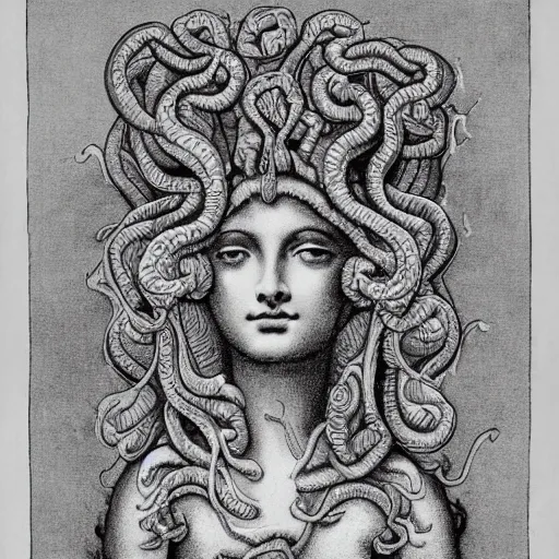 Image similar to detailed, portrait of medusa looking into space, surrounded by lotus flowers and geometry