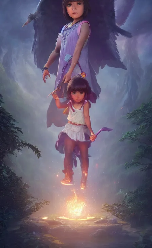 Image similar to a girl from final fantasy live action, dora the explorer, evocative, mystical night, very very very very detailed, award winning, masterpiece digital painting by greg rutkowski, alex grey, artstation, 4 k wallpaper