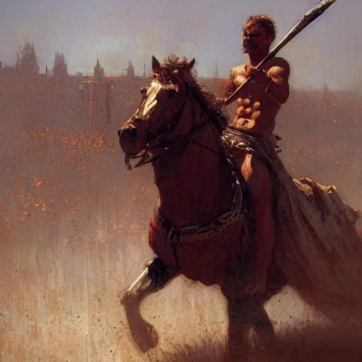 Prompt: Gladiator, painting by Gaston Bussiere, Craig Mullins