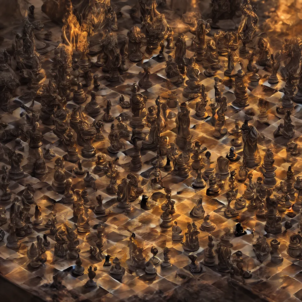 Prompt: Demons versus Angels as chess pieces on chessboard as battle field, cinematic lighting, photo realistic image, 4K, super detailed, cinematic look