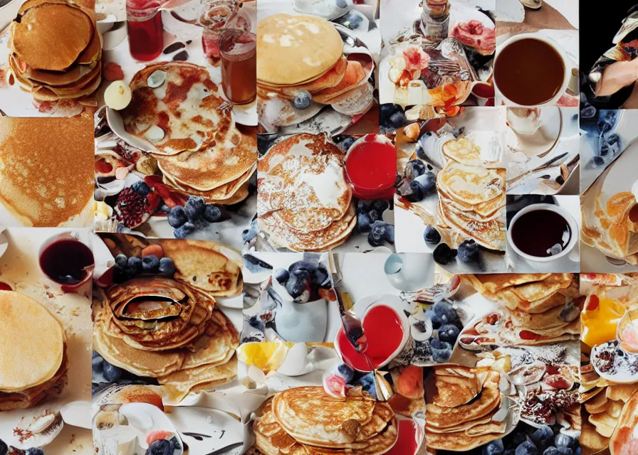 Prompt: pancakes for breakfast, magazine collage