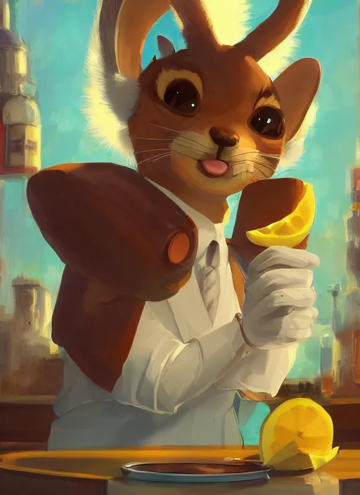 Image similar to squirrel anthro as a dapper bartender with a big, fluffy tail, retro futurism, art deco, detailed painterly digital art by WLOP and Cory Loftis, 🍋, furaffinity, trending on artstation