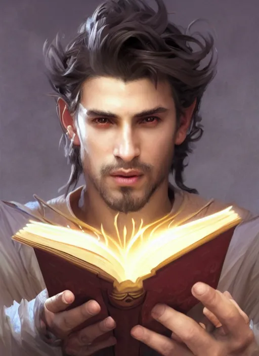 Image similar to character concept portrait of an attractive young Spanish wizard with tan skin conjuring a destruction spell, a floating iridescent spell book in the center, intricate, elegant, digital painting, concept art, smooth, sharp focus, illustration, from Metal Gear, by Ruan Jia and Mandy Jurgens and William-Adolphe Bouguereau, Artgerm