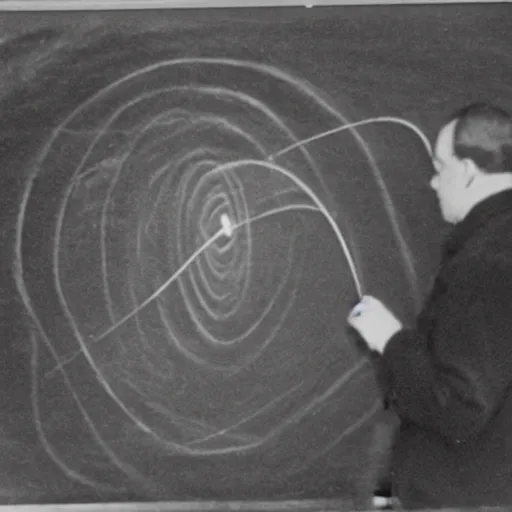 Image similar to a 1900s grainy photo of a university's teacher drawing a black hole on the board