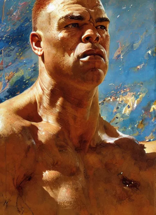 Image similar to head portrait of jocko willink as huge warrior with muscular neck, science fiction, by john berkey and lawrence alma tadema and rick berry and norman rockwell