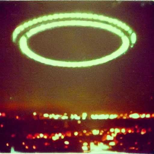 Image similar to a ring of lights flying through the sky, ufo!!, blurry photo, old polaroid, expired film, historical photo,