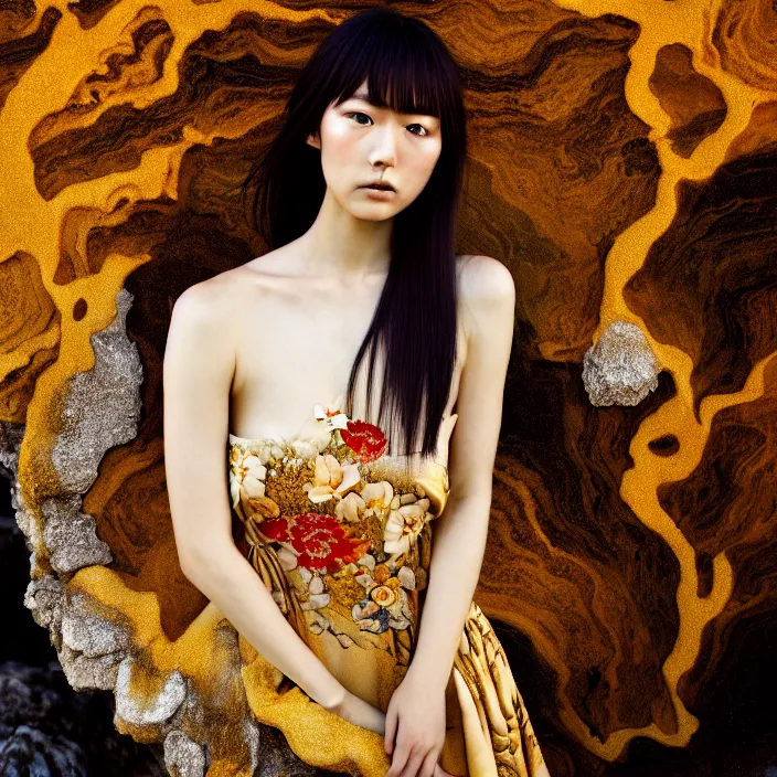 Image similar to Kodak Portra 400, 8K, soft light, volumetric lighting, highly detailed, Rena Nounen style 3/4 ,portrait photo of a Japanese ravishing Goddess by WLOP, the face emerges from a lava flowing gold travertine terraces with lotus flowers, inspired by Ophelia paint , a beautiful chic dress and hair are intricate with highly detailed realistic beautiful flowers , Realistic, Refined, Highly Detailed, ethereal lighting colors scheme, outdoor fine art photography, Hyper realistic, photo realistic