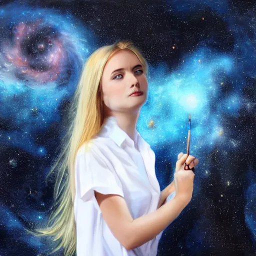 Image similar to painting, girl with beautiful face in white shirt, vast spaces, cosmic background