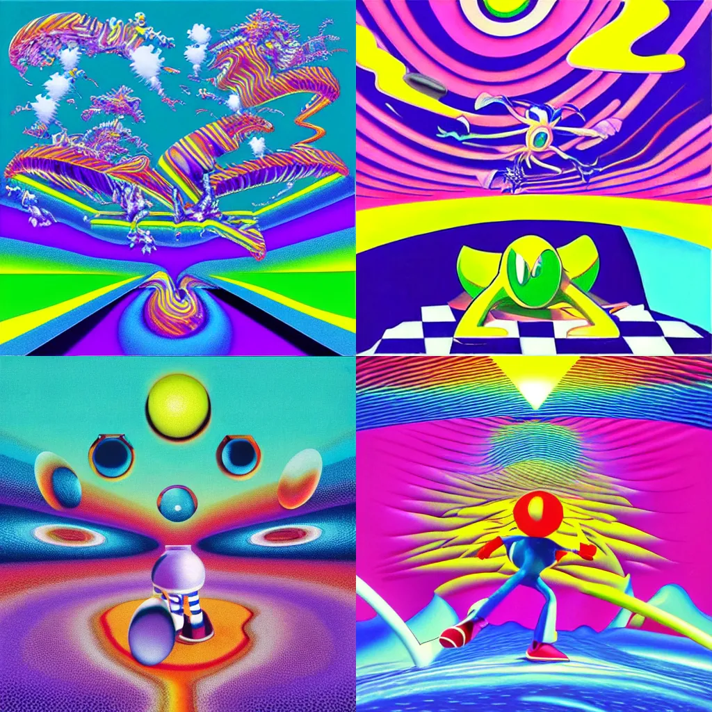 Prompt: recursive surreal, sharp, detailed professional, high quality airbrush art MGMT tame impala album cover of a liquid dissolving LSD DMT sonic the hedgehog surfing through cyberspace, purple checkerboard background, 1990s 1992 Sega Genesis video game album cover, sonic the hedgehog
