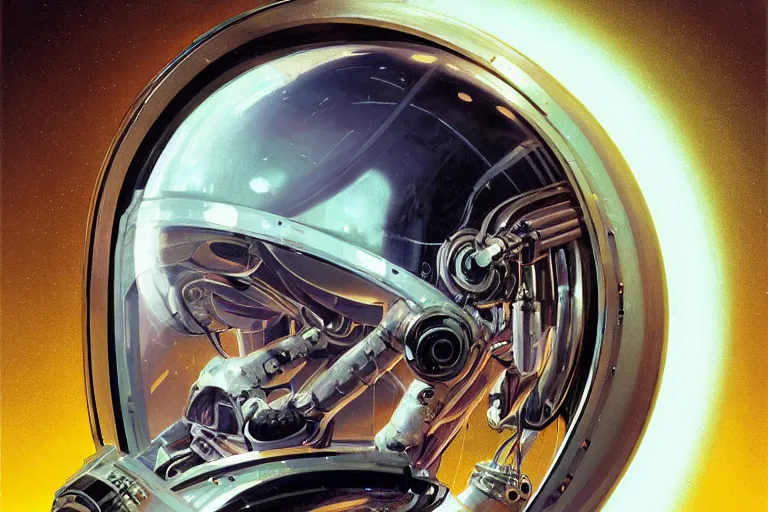 Image similar to portrait of a biomechanical head inside a futuristic space helmet, vintage, neon, white metal, iridescent visor, smooth, sharp focus, high detail, deviantart, art by Syd Mead and John Berkey,