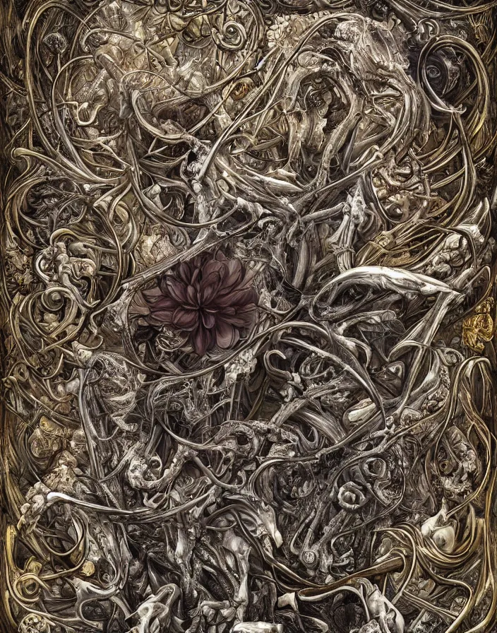 Prompt: surreal alchemy nigredo bones and flowers, highly detailed, intricate, symmetry, digital painting, trending on artstation, sharp focus, masterpiece, golden and silver border ornaments, by alex gray and h r giger