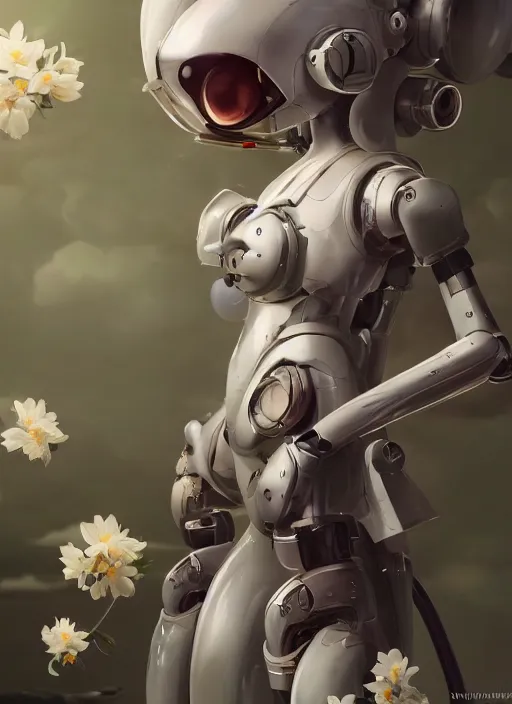 Image similar to nekomimi robot looking at a flower, fluent composition, concept art, ambient light, 4 k, intricate details, highly professionally detailed, cgsociety, highly detailed -