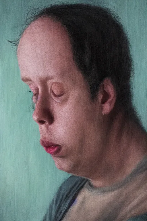 Image similar to todd solondz, a portrait of sick and thin todd solondz, clear todd solondz face, dreaming of kissing a girl, sad and lonley, vivid colors, soft lighting, atmospheric, cinematic, moody, in the style of jenni saville and krenz cushart, oil on canvas, 8 k