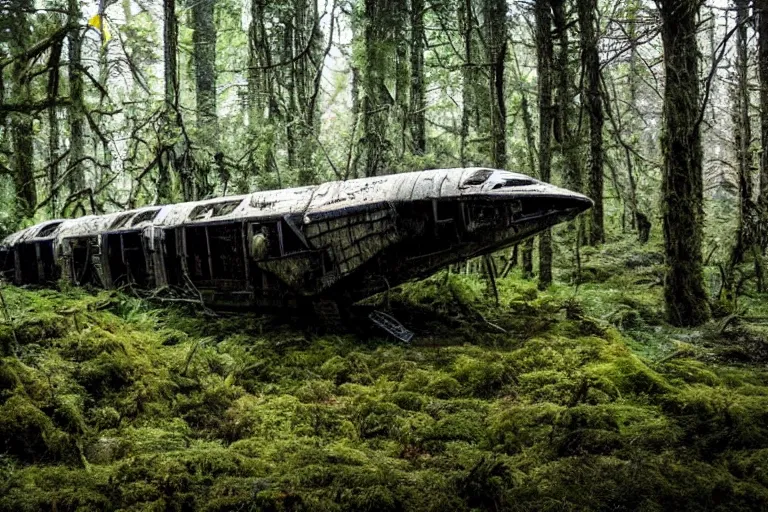 Image similar to derelict spaceship in a Forrest, hyper detailed, overgrown with moss, rusty metal, wildlife, daytime