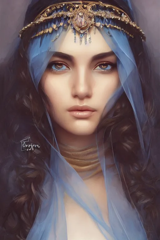 Image similar to tanned Ameera al-Taweel, bright blue eyes, long wavy black hair, simple white veil, closeup, focus face, elegant, highly detailed, centered, oil painting, artstation, concept art by tom bagshaw