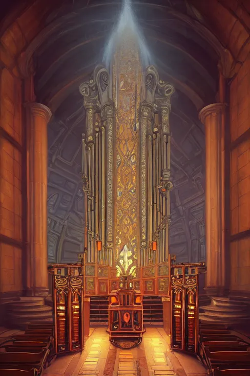 Image similar to painting of a pipe organ in front of a dimensional portal, decorated, intricate, dieselpunk, digital painting, artstation, concept art, smooth, sharp focus, illustration, art by artgerm and greg rutkowski and alphonse mucha, 8 k