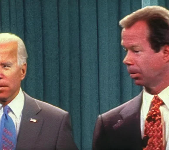 Prompt: color still shot of joe biden and chris hansen on to catch a predator 1 9 8 7, face closeup,