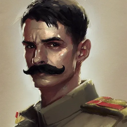 Prompt: portrait of a man by greg rutkowski, british features, short black hair in military style, moustache, tall, star wars expanded, universe, he is about 4 0 years old, wearing imperial captain uniform, artstation hq