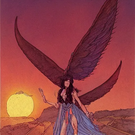 Prompt: a girl riding a winged demon flies over hell art by moebius