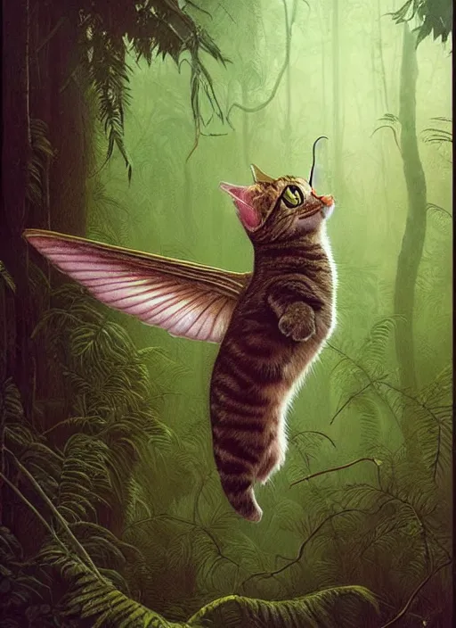 Image similar to a hyper realistic illustrated cat with playing with a hummingbird on its paw in the woods gorgeous lighting, k _ lms lush forest foliage painting by chiara bautista and beksinski and norman rockwell and greg rutkowski weta studio, and lucasfilm