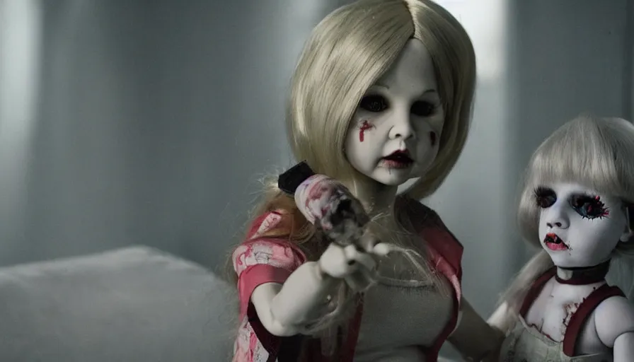 Prompt: big budget movie about killer doll destroying a city