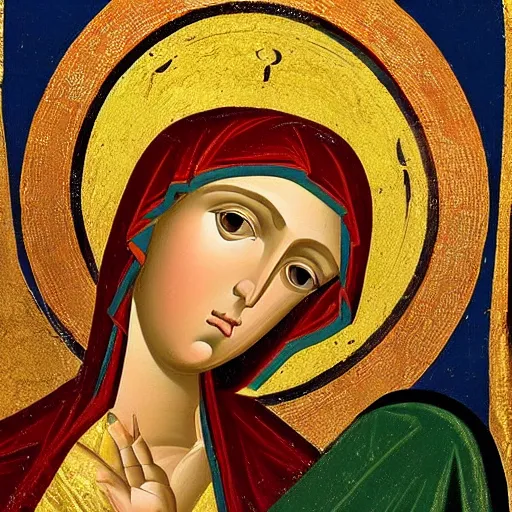 Prompt: Byzantine painting of the Virgin Mary, high quality, hughly detailed, Romanticism, vivid, coherent, medieval, Byzantine, 8k