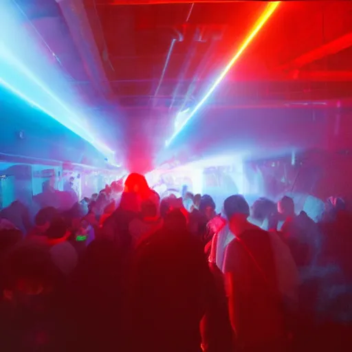 Image similar to giant group smoke bodies, lasers, darkness, from behind, wide angle, elaborate, smoke, red dot, orange line, blue mist, highly detailed, beautiful lighting
