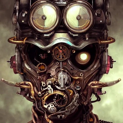 Prompt: portrait painting of evil steampunk cyborg tinkerer, technomagic, ultra realistic, concept art, intricate details, eerie highly detailed