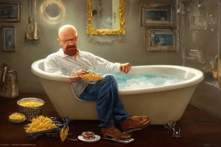 Prompt: portrait of walter white sitting in a bathtub full of mac and cheese, an oil painting by ross tran and thomas kincade