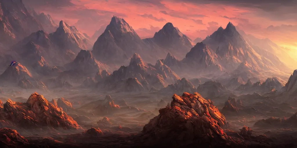 Image similar to The blood-soaked stone landscape with mountains in the background, Sci-Fi fantasy desktop wallpaper, painted, 4k, high detail, sharp focus