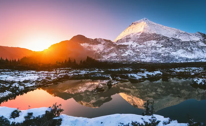 Prompt: professional photo of a snow topped mountain lit by the sunset, pond of lily, realistic