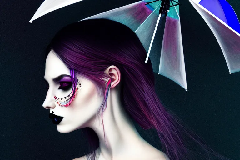 Image similar to surreal Portrait of beautiful goth woman with transparent umbrella in dmt chromatic surreal enviroment, elegant, highly detailed, smooth, photoreal, sharp focus, illustration, beautiful, geometric, dmt trending on artstation, cinematic, artwork by WLOP