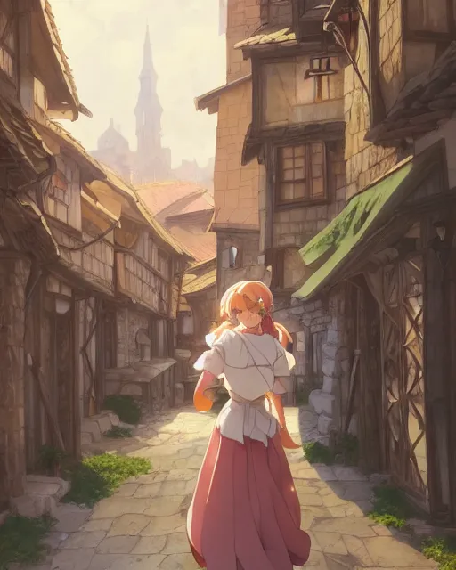 Image similar to key anime visual portrait of a young female walking through a medieval village, dynamic pose, dynamic perspective, detailed silhouette, film grain, face by yoh yoshinari, detailed, intricate