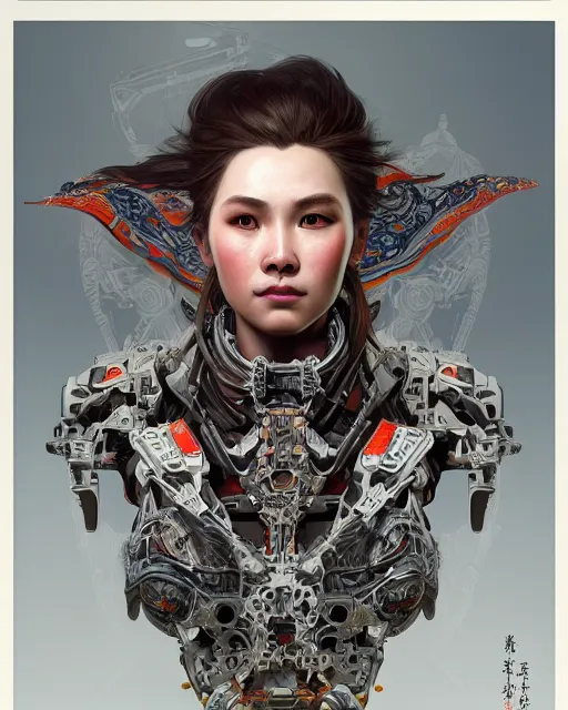 Image similar to portrait of a machine from horizon zero dawn, machine face, upper body, decorated with opera motifs, traditional chinese art, intricate, elegant, highly detailed, digital painting, artstation, concept art, smooth, sharp focus, illustration, art by artgerm and greg rutkowski and alphonse mucha, 8 k