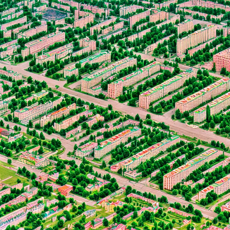 Prompt: Bird-eye view of soviet town, infinitely long soviet-era panel-buildings, infinitely street with a perfect green lawn. High detail, details, 105mm, symmetric, symmetrical, cinematic