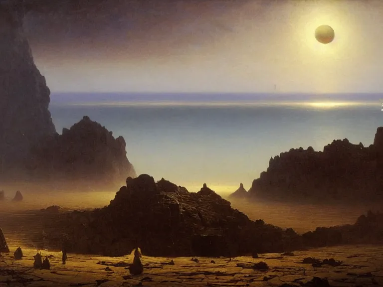 Image similar to an oil painting of an alien planet and the coastline of a black ocean at dawn, beautiful sky by beksinski carl spitzweg and tuomas korpi. baroque elements, full-length view. baroque element. intricate artwork by caravaggio. Trending on artstation. 8k