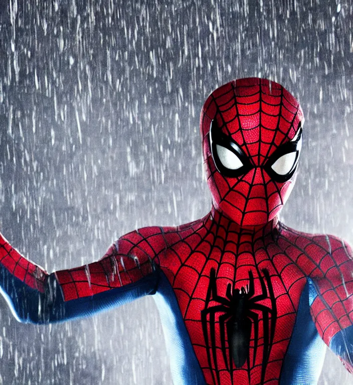 Image similar to cinematic of tobey maguire as spiderman, dramatic rain, 8 k