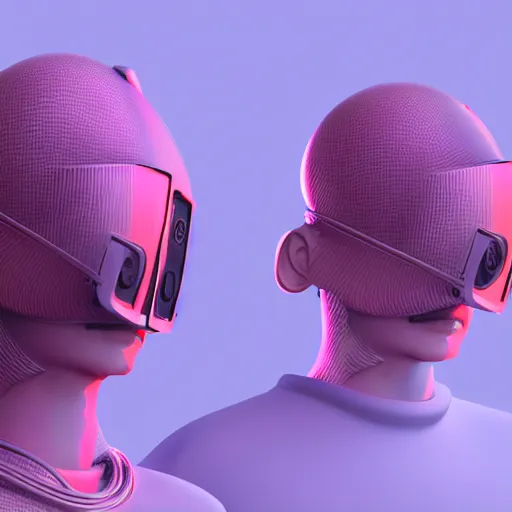 Image similar to intense futuristic bespoke vr headset respirator with long cables like dreadlocks on a set of twin humble hypebeasts, by ilya kuvshinov and james jean and sorayama and ikeuchi and hyein seo and hiroya oku and gilleard james, artstation trending, 8 k, 3 d render, photorealistic, volumetric lighting caustics, pink