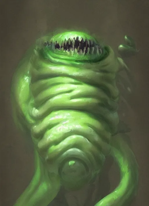 Prompt: portrait of cute innocent green noise an amorphous blob, slimy alien creature with adorable uwu eyes, it has several human arms out stretched to grab me. painted by greg rutkowski, wlop,,