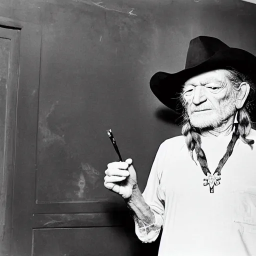 Image similar to willie nelson having a smoke backstage.