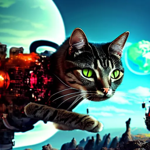 Image similar to gigantic cyborg cat crashes into gothic world planet, fantastic landscape, bright colors, hyperrealism, 4 k resolution, ultra detailed