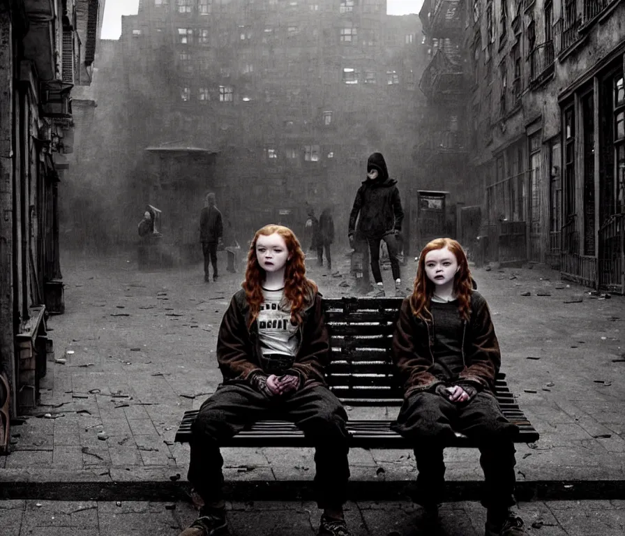 Image similar to mid shot of sadie sink in hoodie sits on bench in ruined square, pedestrians walk by | steampunk tenement windows in background : storyboard, scifi cyberpunk. by gabriel hardman. cinematic atmosphere, detailed and intricate, perfect anatomy