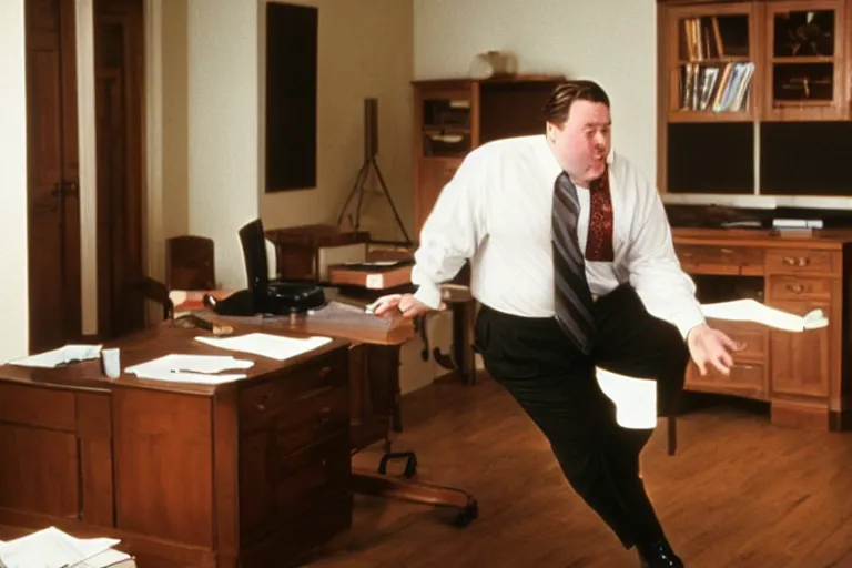 Image similar to cinematic film still from 1994 film: portly clean-shaven white man wearing suit and necktie at his desk, kicking his right foot in the air, XF IQ4, f/1.4, ISO 200, 1/160s, 8K, RAW, dramatic lighting, symmetrical balance, in-frame