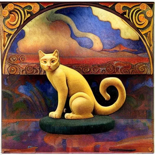 Image similar to masterpiece cloisonne cat sculpture, by annie swynnerton and diego rivera and nicholas roerich and jean delville and charlie bowater, symbolist, dramatic lighting, god rays, art brut, rich colors, smooth sharp focus, extremely detailed, adolf wolfli and ( donato giancola and bilibin )